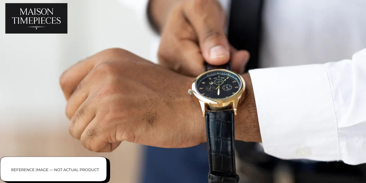 Rolex Cosmograph Daytona watch Singapore luxury gold chronograph black dial leather strap on wrist 