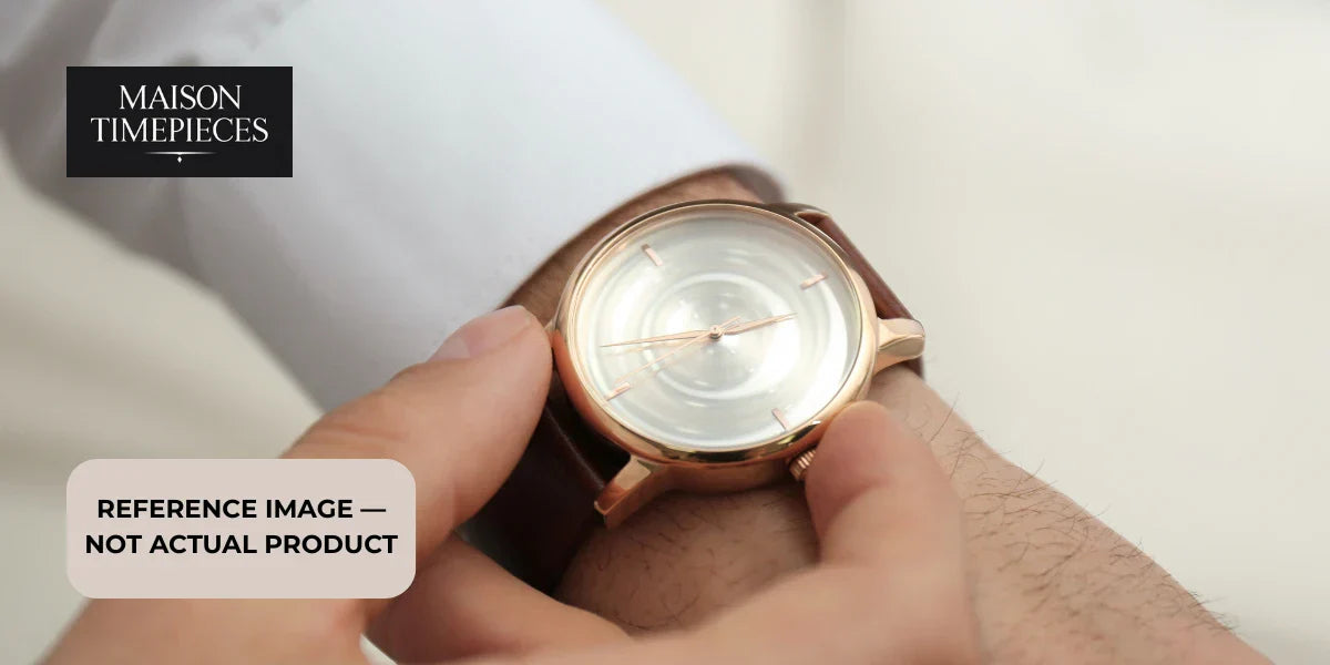 luxury rose gold dress watch on wrist elegant minimal dial leather strap singapore lifestyle maison timepieces reference image 