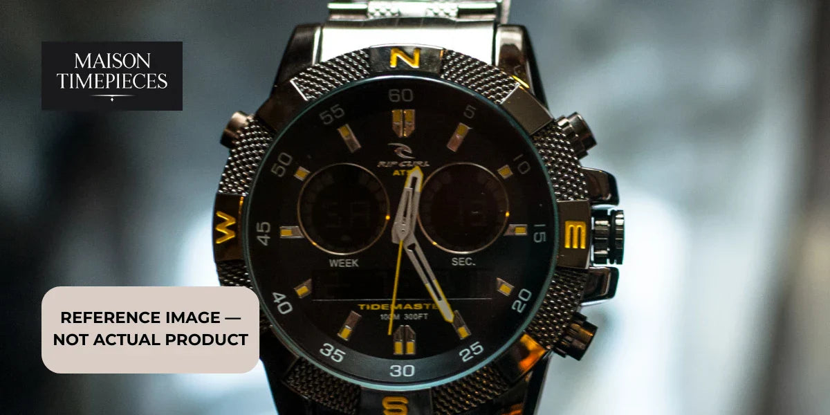 luxury chronograph watch close up black dial stainless steel sporty design singapore lifestyle maison timepieces reference image 