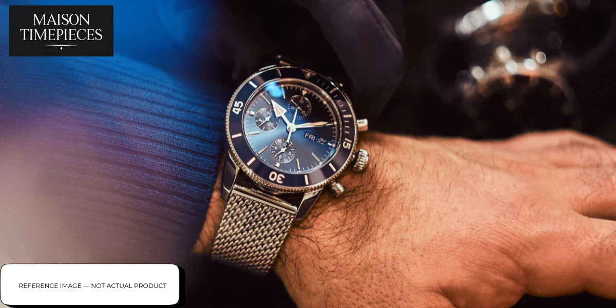 Salvatore Ferragamo watch Singapore luxury chronograph on wrist with blue dial and stainless steel mesh strap 