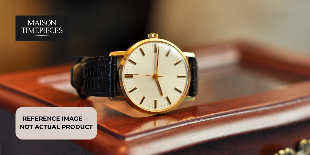Seiko Essentials Watch Singapore minimalist gold dress watch with black leather strap on wooden surface by Maison Timepieces 