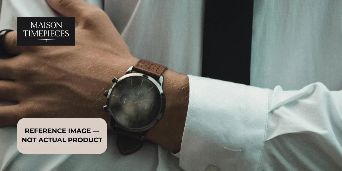 Seiko Lukia Watch Singapore elegant black dial watch with brown leather strap worn with formal white shirt by Maison Timepieces 