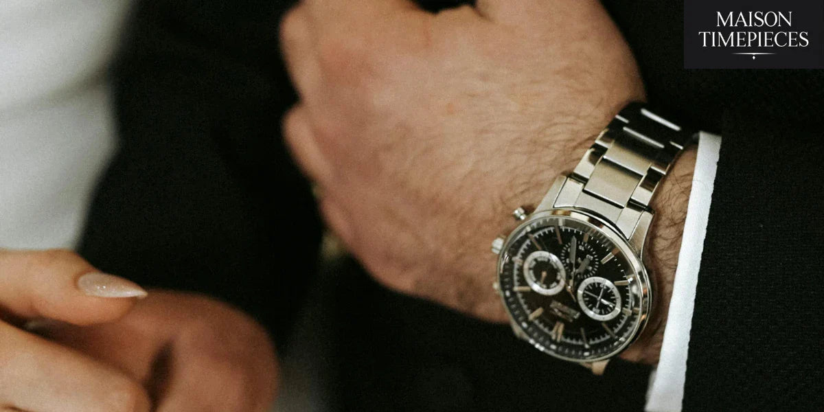 “Close-up shot of a stainless-steel chronograph watch on a man’s wrist – Maison Timepieces”