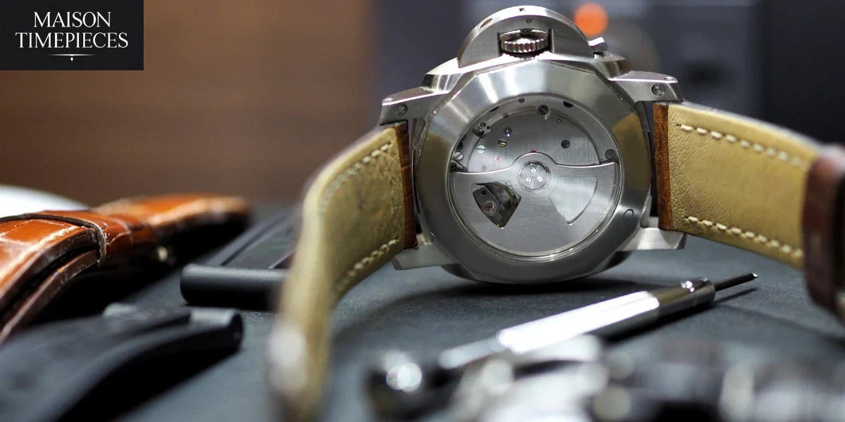Singapore watch shop mechanical timepiece with leather strap and open caseback by Maison Timepieces