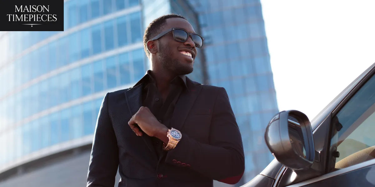 Man wearing luxury Singapore watch in business district - Maison Timepieces