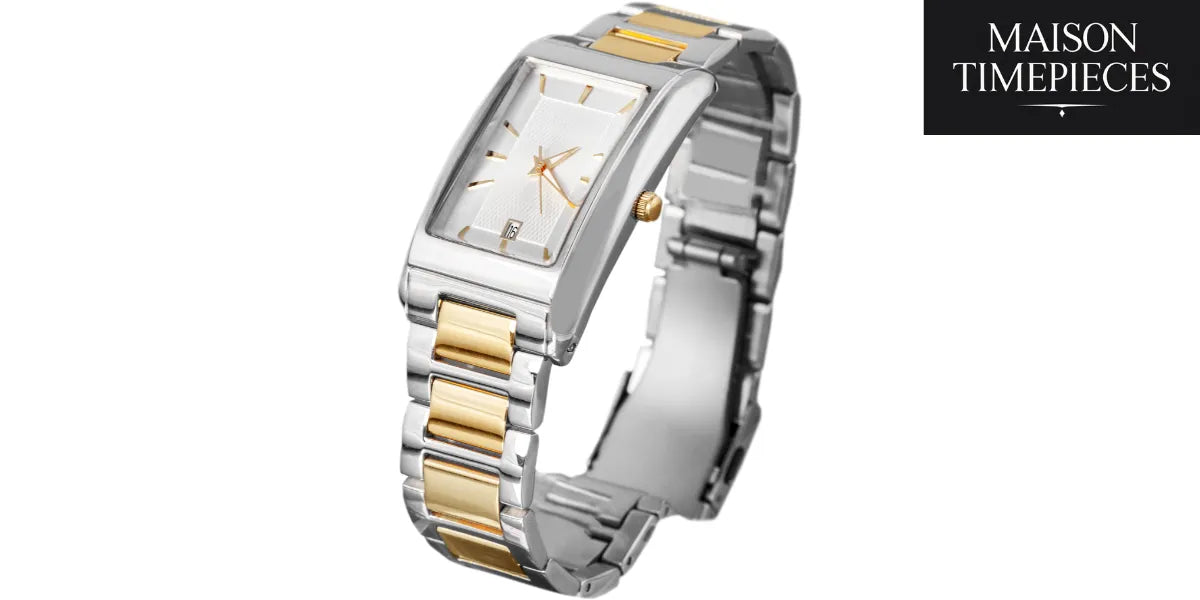 Elegant square men’s watch with silver and gold bracelet
