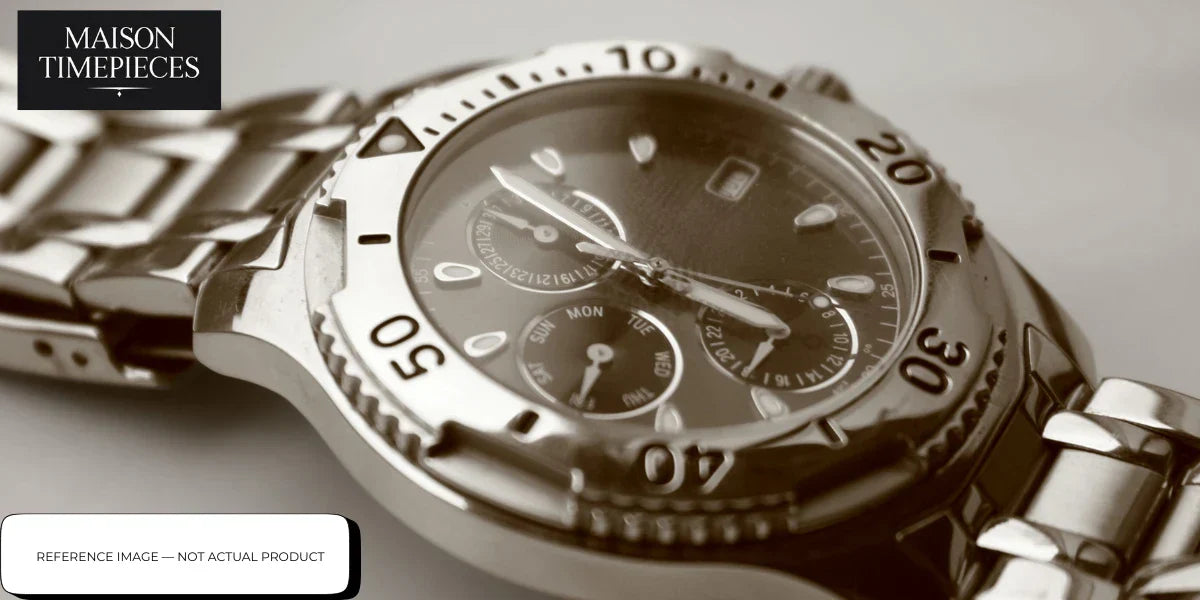 Studio Underd0g watch Singapore mechanical chronograph with stainless steel bracelet and detailed dial close-up 