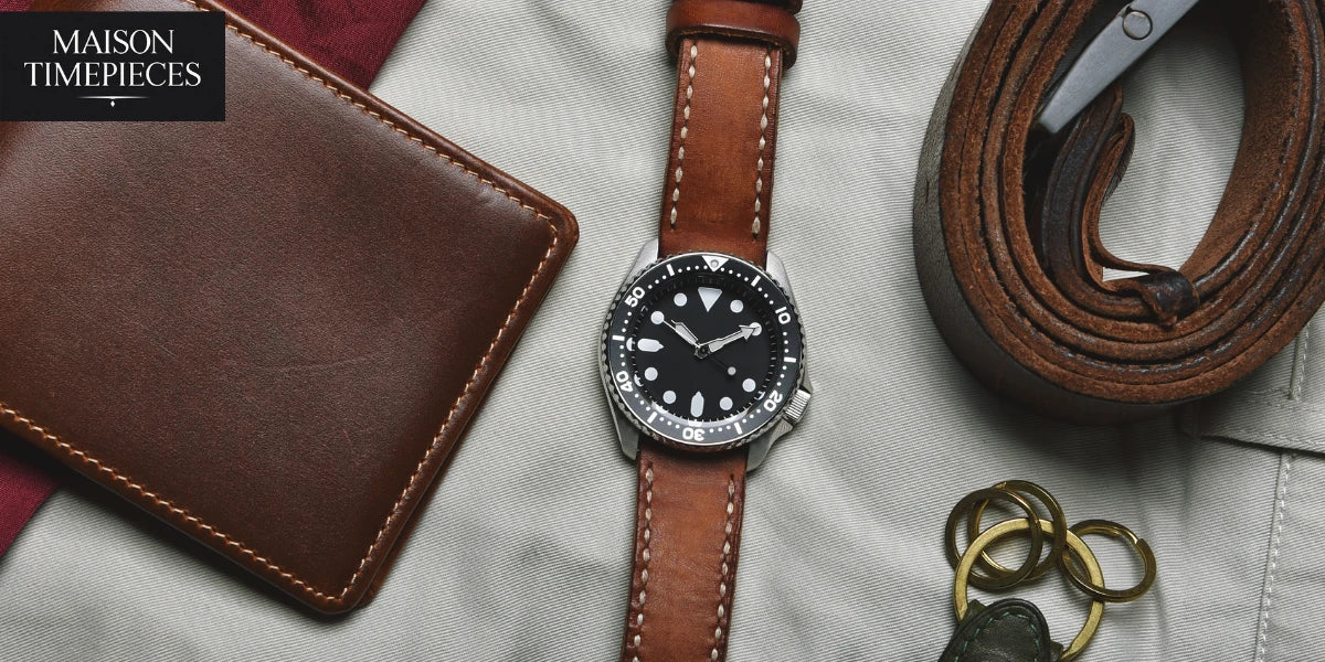 Suunto watch with leather strap flat lay showcasing rugged outdoor timepiece design by Maison Timepieces
