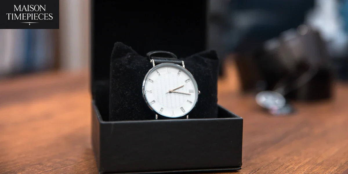 Elegant watch in black box at Swatch outlets Singapore, displayed by Maison Timepieces