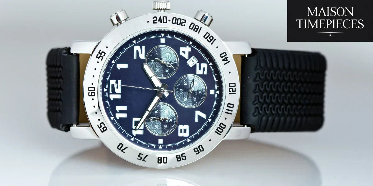 luxury watch for men — silver chronograph with black dial and textured black rubber strap, Maison Timepieces branding 