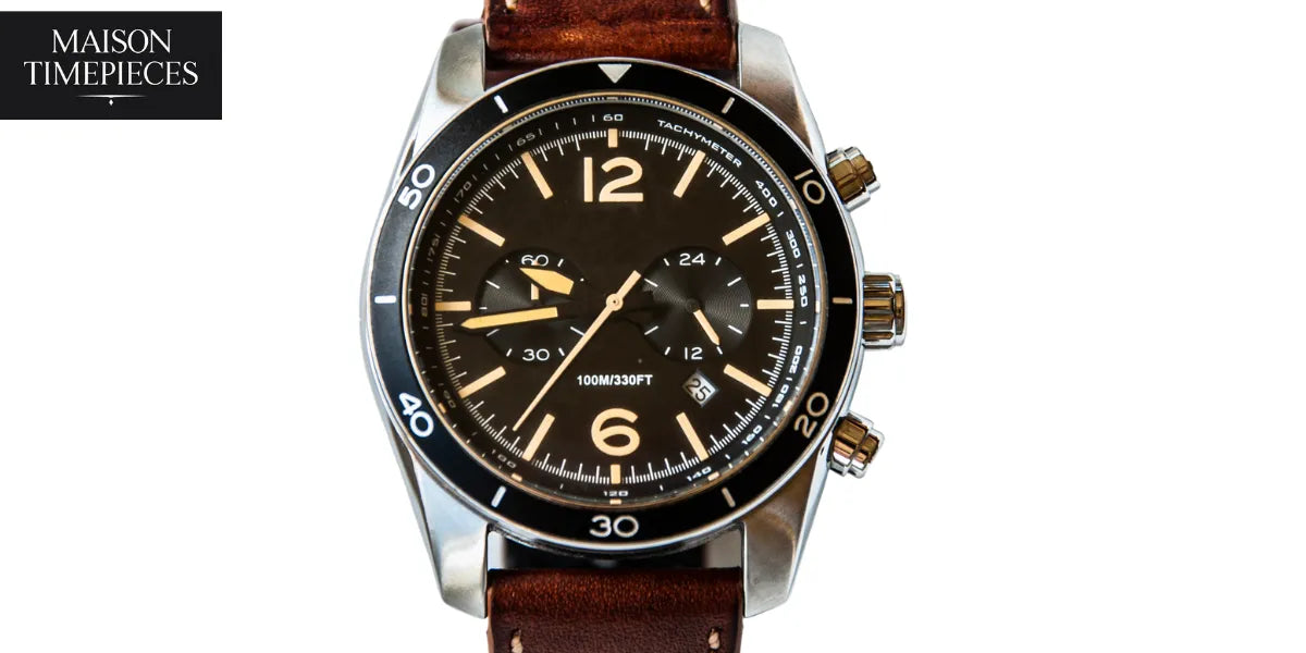 "Timberland-style rugged men's chronograph watch with brown leather strap – Maison Timepieces"