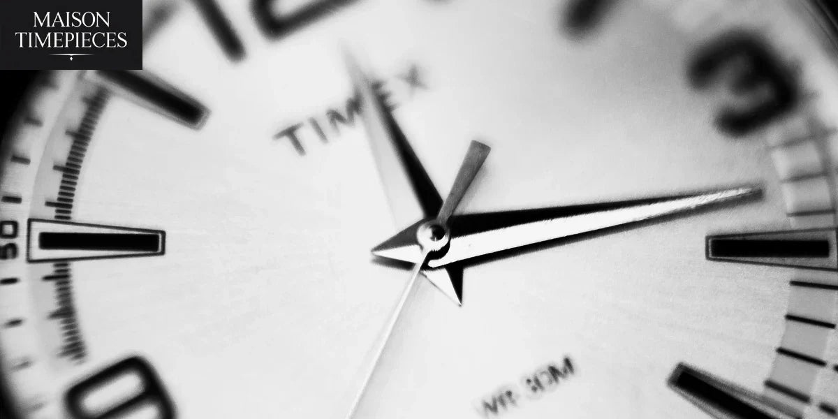 lose-up of Timex men watch dial — classic design and precision from Maison Timepieces Singapore.