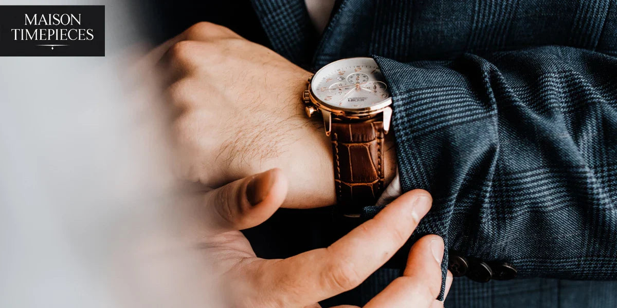 “Tommy Hilfiger style men’s watch with leather strap worn under a tailored suit – Maison Timepieces Singapore”