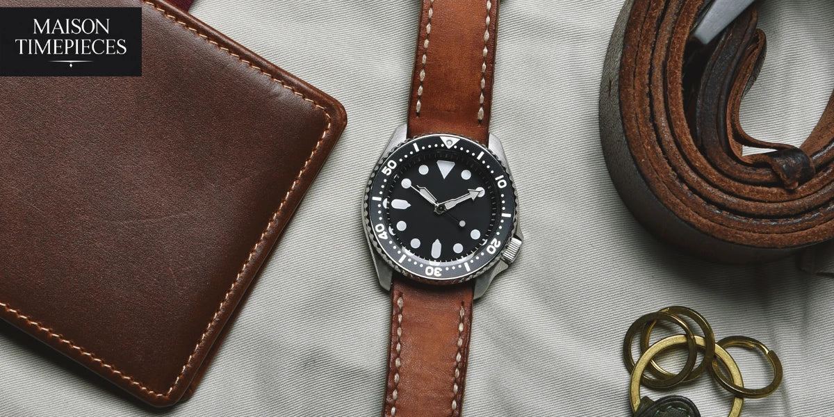 “Traser watch with military-inspired dial on leather strap styled with wallet and accessories by Maison Timepieces”