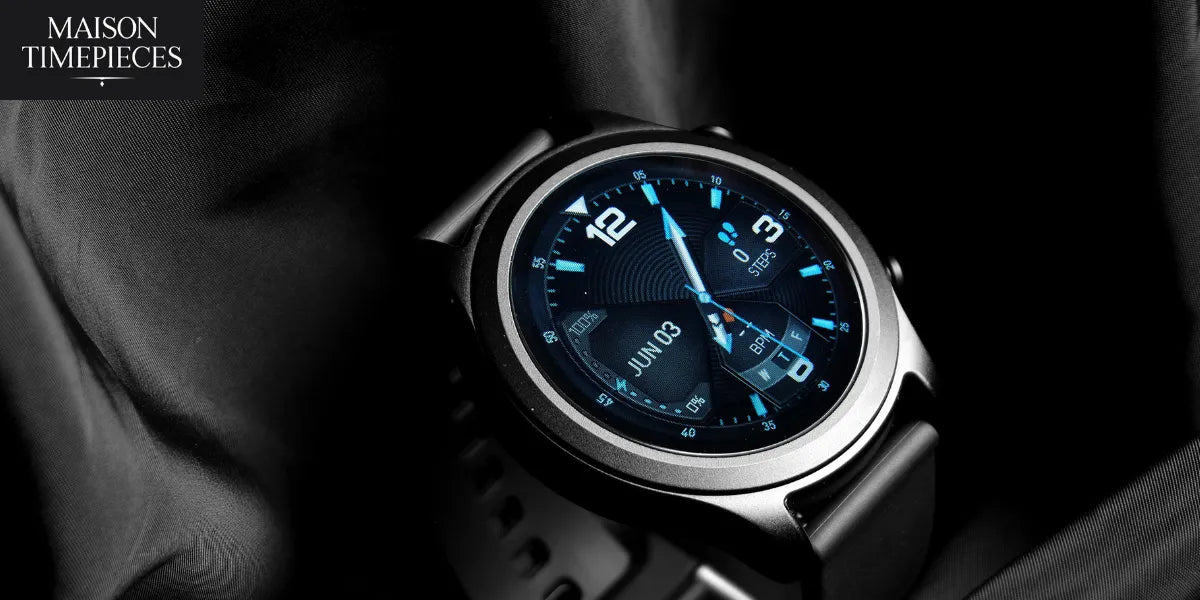 “Modern luxury wristwatch with digital dial design placed on black fabric — photographed for Maison Timepieces.”