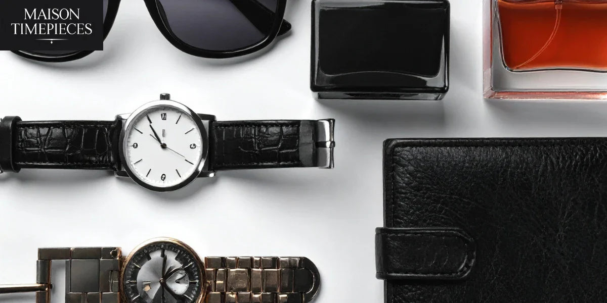 Ulysse Nardin luxury watch with black leather strap beside wallet, sunglasses, and perfume – Maison Timepieces Singapore