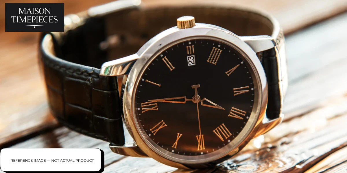 Undone watch Singapore custom mechanical timepiece with black dial and leather strap on wooden surface 