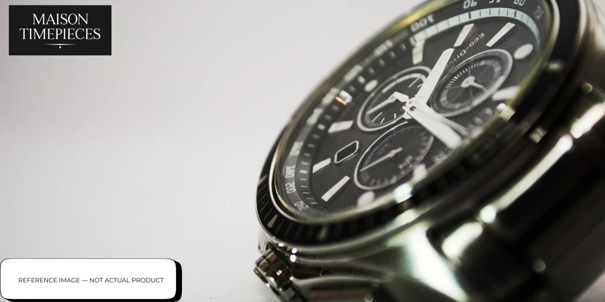 Versace watch Singapore luxury chronograph with black dial and stainless steel bracelet close-up