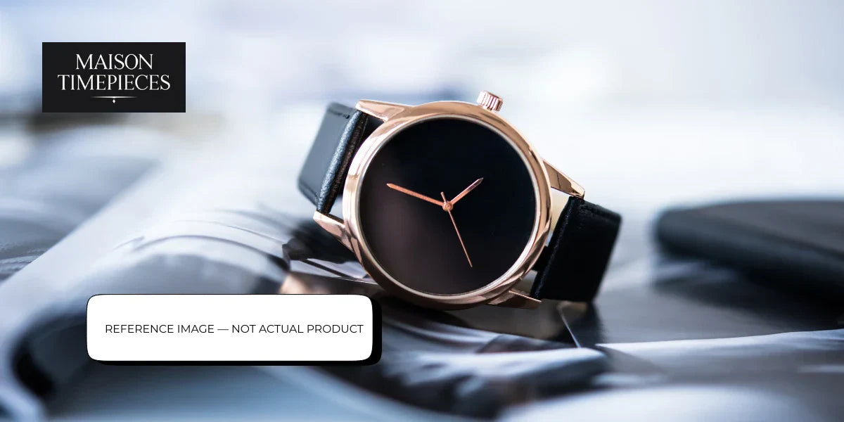 Vertex style British military inspired watch with black dial and leather strap displayed on magazine, Maison Timepieces Singapore reference image 