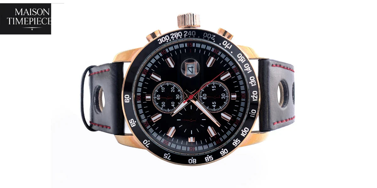 Victorinox Swiss Army chronograph watch with black dial, rose gold case and leather strap by Maison Timepieces