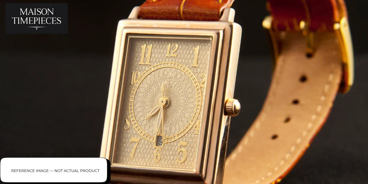 Vilhelm watch Singapore rectangular gold case leather strap luxury men timepiece close up