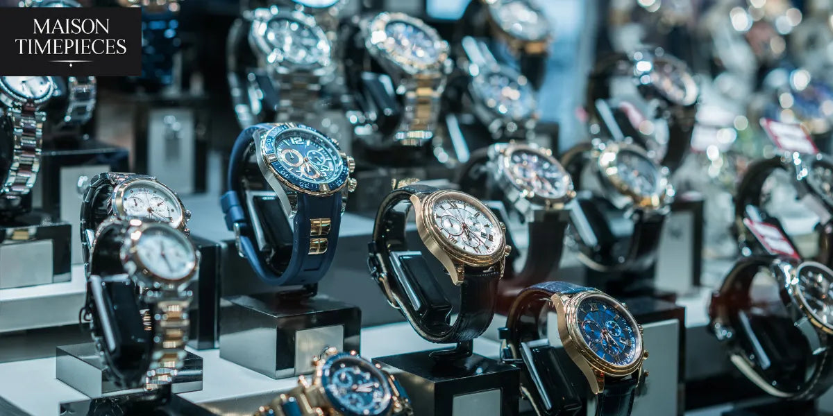 "Luxury watch collection display with various chronograph and metal strap timepieces – Maison Timepieces"