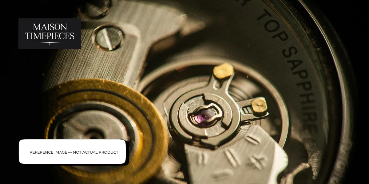 Weiss watch Singapore mechanical movement close up with visible balance wheel and sapphire case back detail