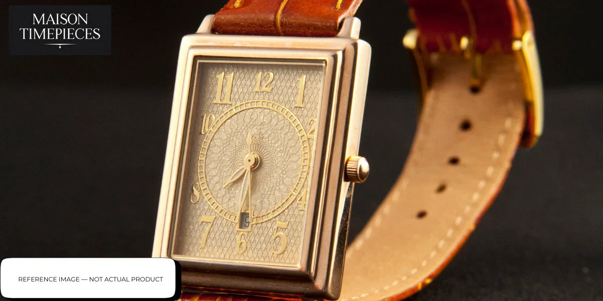 Zelime watch Singapore rectangular gold case luxury men watch with textured dial and brown leather strap by Maison Timepieces 