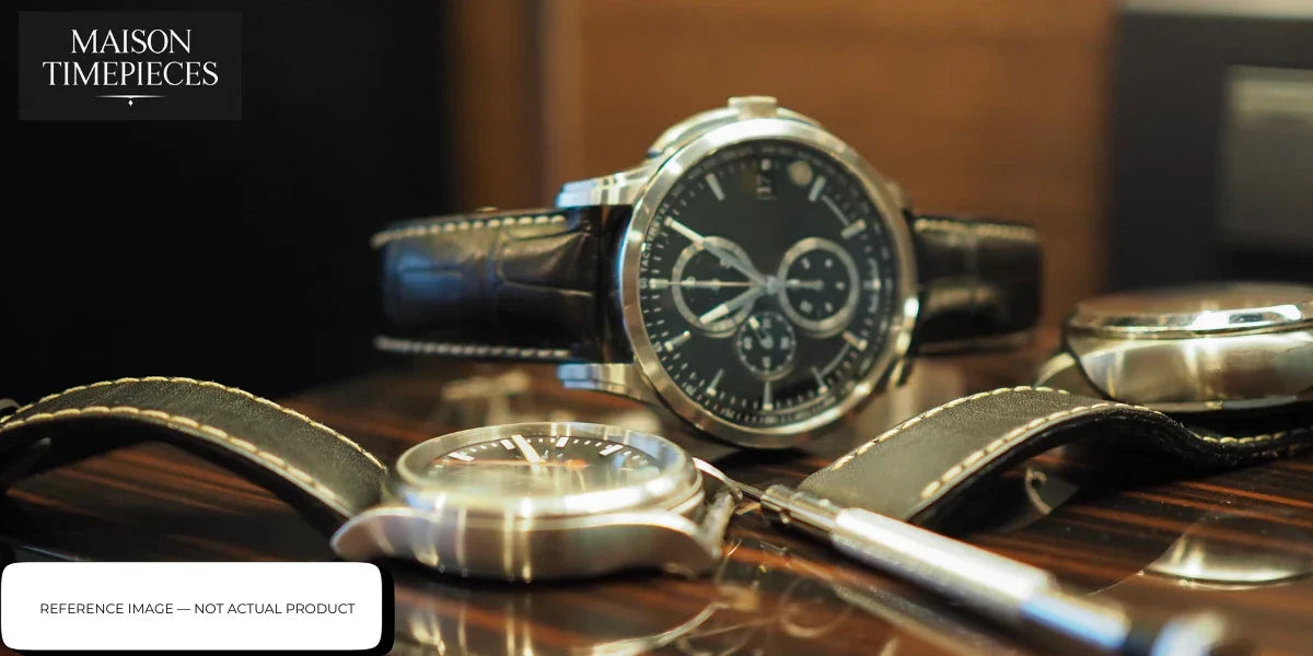Zelos watch Singapore luxury dive chronograph with black dial and leather strap on wooden surface display