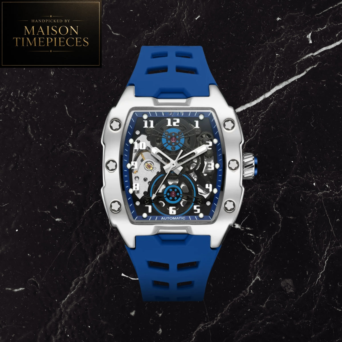Maison Timepieces Curated automatic skeleton sports watch with 43mm black tonneau case, visible mechanical movement, orange silicone strap, luminous hands and transparent exhibition caseback.