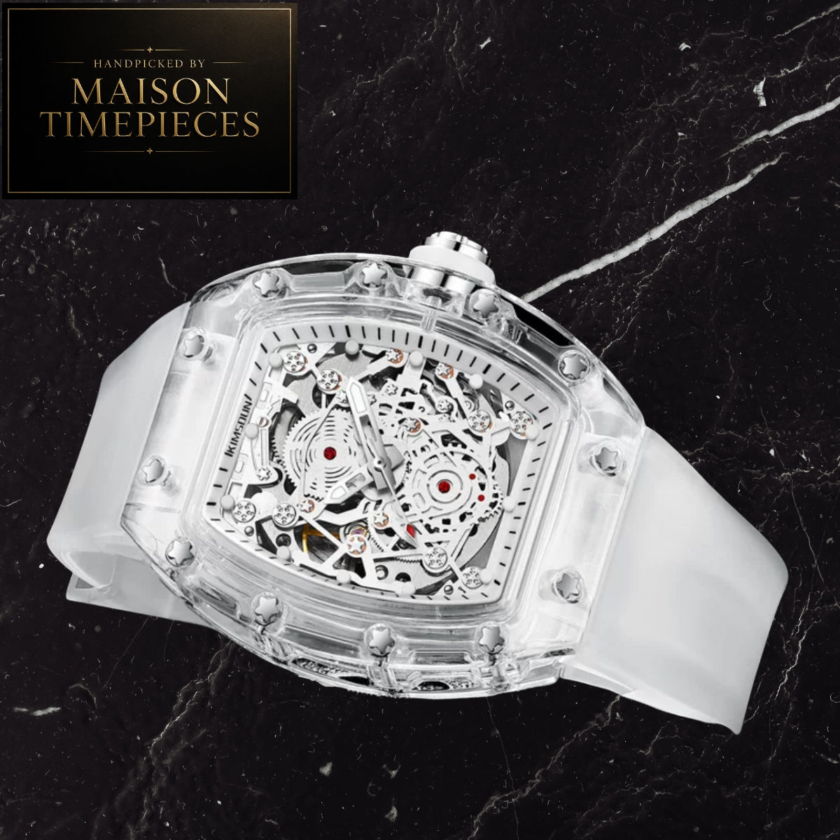 Maison Timepieces Curated Ref. K-2015A - Automatic Skeleton Transparent Tonneau Watch 44mm Clear Case White Strap