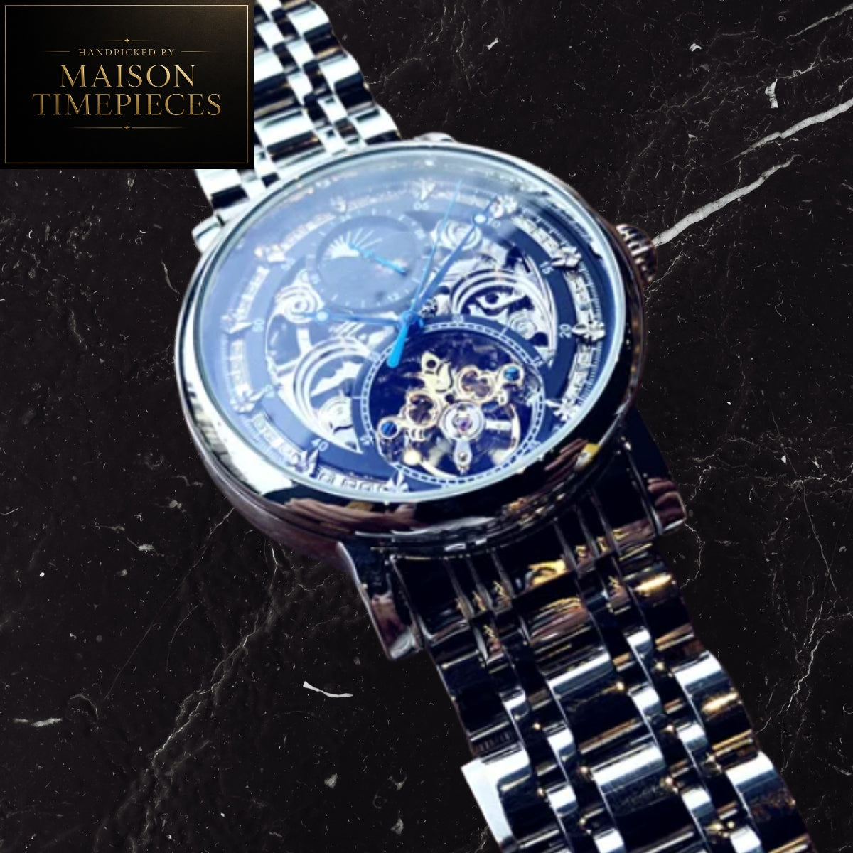 Maison Timepieces Curated Ref. 52699 - Automatic Tourbillon Open Heart Skeleton Watch Black Stainless Steel Bracelet