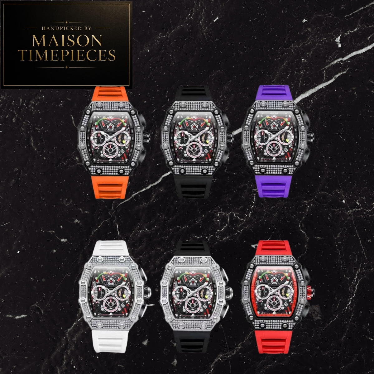 Six luxury chronograph watches with diamond-encrusted bezels arranged on a black marble background. The watches feature vibrant orange, black, purple, white, black, and red silicone straps, with Maison Timepieces branding in the top-left corner.