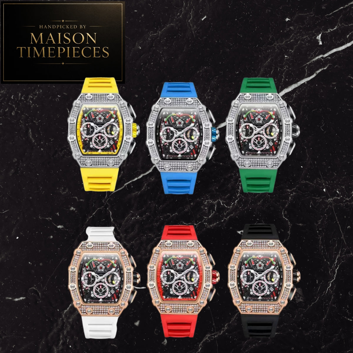 Six luxury chronograph watches by Maison Timepieces arranged in two rows on a black marble background. The watches feature silver-tone and rose-gold-tone bezels encrusted with crystals, black dial faces, and colorful rubber straps in yellow, blue, green, white, red, and black.