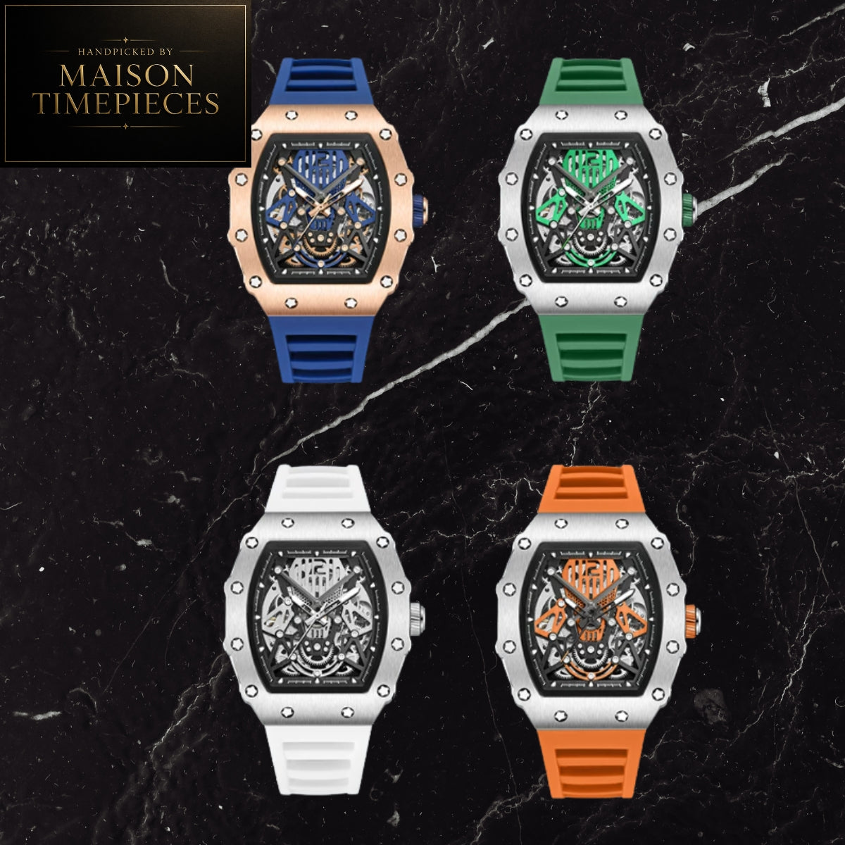 Maison Timepieces Curated automatic skeleton tonneau watch with rose gold alloy case, blue skeleton dial, automatic mechanical movement, exhibition caseback and blue silicone strap.