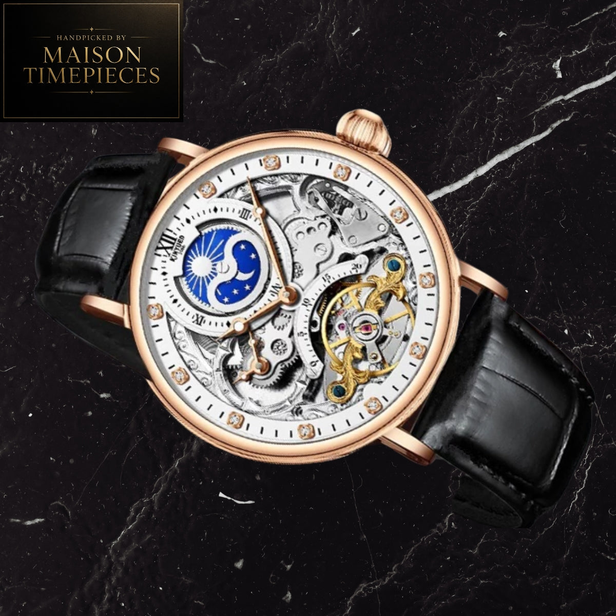 A luxury skeleton watch by Maison Timepieces, featuring a rose gold case, black leather strap, and a detailed open dial showing a blue moon phase indicator and intricate gold-toned gears, set against a black marble background.