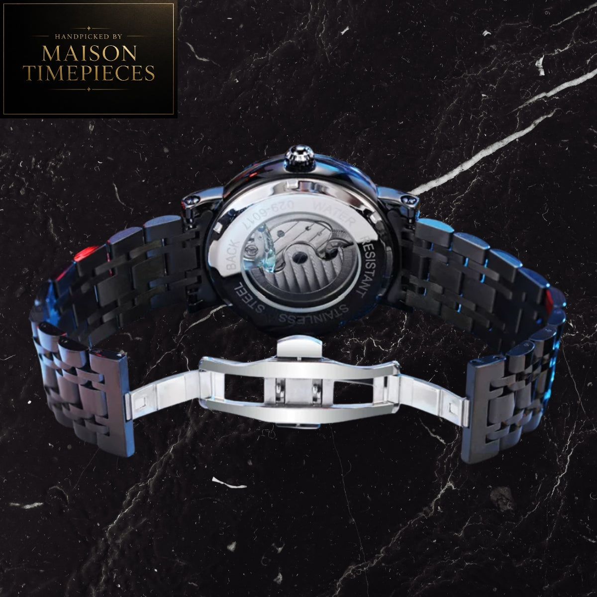 Maison Timepieces Curated Ref. 52699 - Automatic Tourbillon Open Heart Skeleton Watch Black Stainless Steel Bracelet