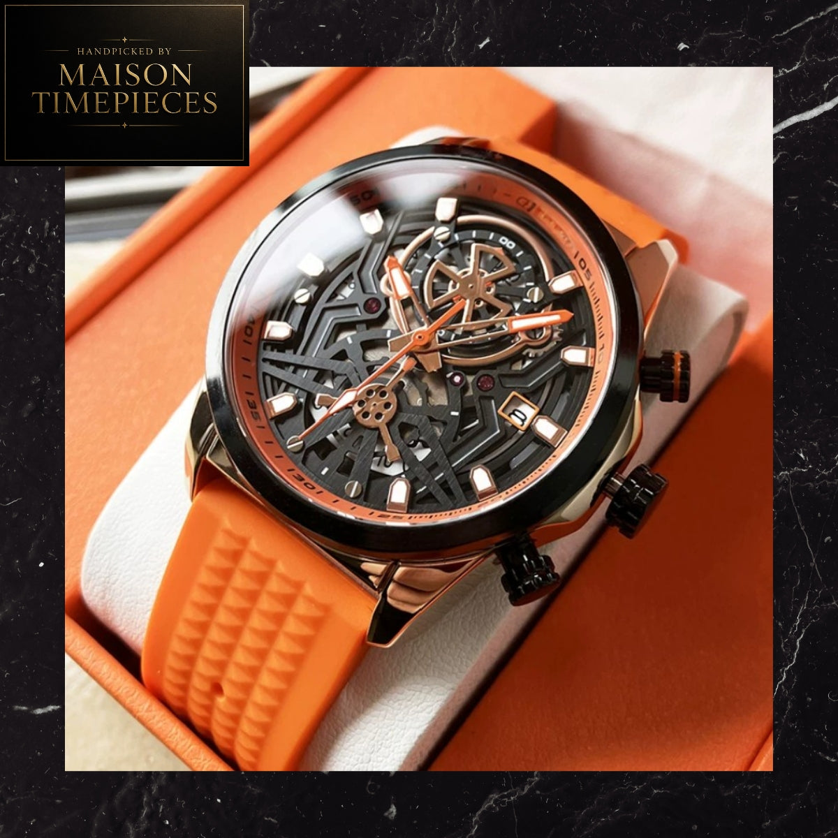 Maison Timepieces Curated skeleton quartz sports watch with black open-work dial, orange silicone strap, luminous hands, date display and 44mm alloy case.