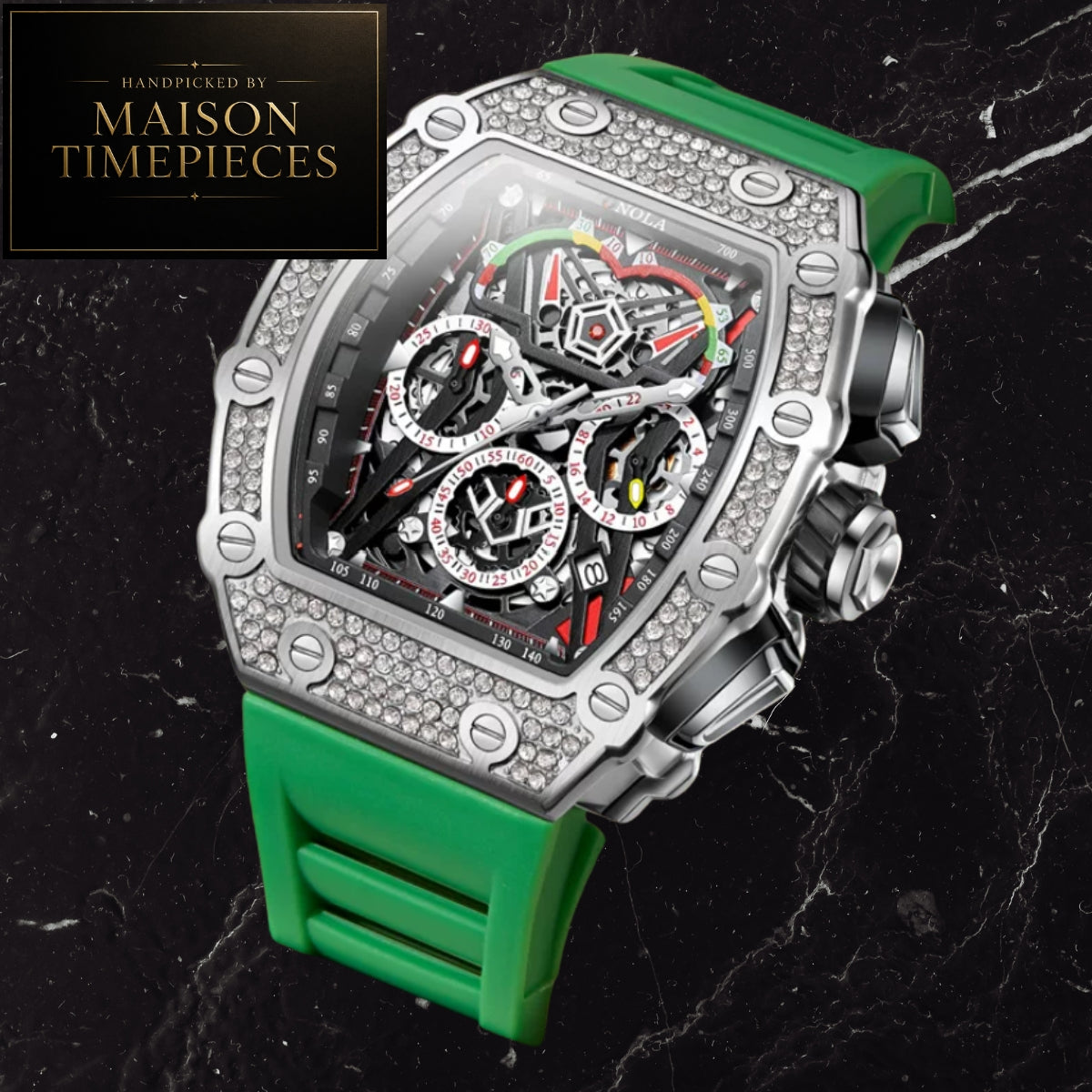 A luxury chronograph watch with a silver-tone case encrusted with clear stones, a green rubber strap, and a complex skeleton dial with multiple subdials, shown on a black marble background with a Maison Timepieces logo in the top-left corner.