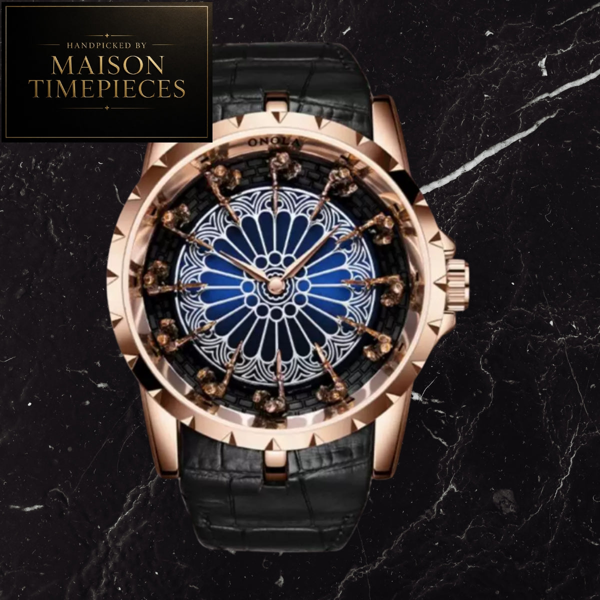 A luxury watch by Maison Timepieces, featuring a rose gold case, a black alligator leather strap, and an intricate blue and white dial with gold-toned hands. The watch is displayed on a black marble background with a Maison Timepieces logo in the top-left corner.