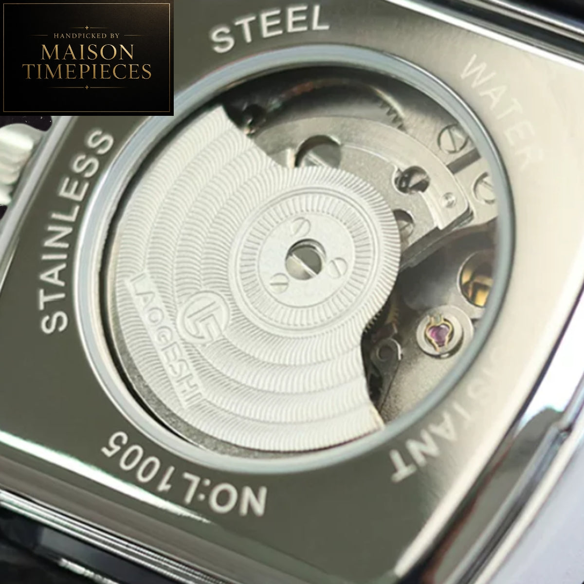 Maison Timepieces Curated Ref. DQ100 - Automatic Skeleton Tonneau Watch 40mm Black Dial Leather Strap