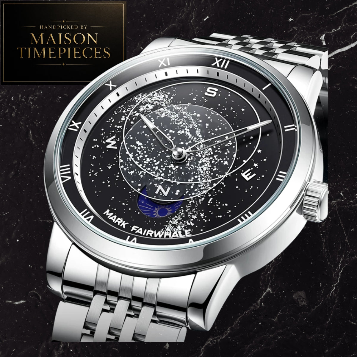 A silver stainless steel wrist watch with a black dial featuring a white starry constellation pattern and a blue compass rose. The watch has a silver metal link bracelet and Roman numeral hour markers.