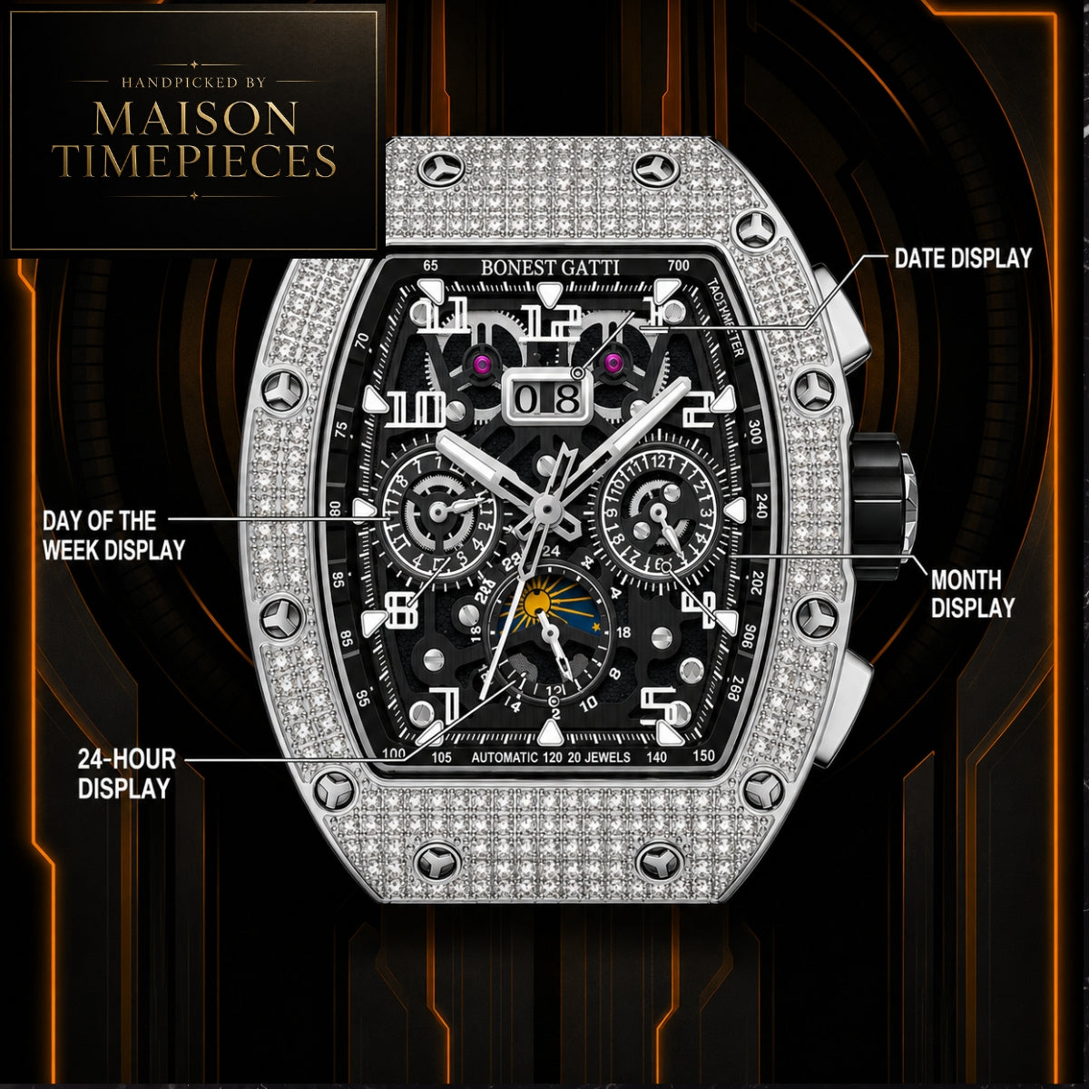 A close-up of a Bonnest Gatti wristwatch with a diamond-encrusted silver-toned case, black dial, and multiple subdials, shown with overlaid labels pointing to date display, day of the week display, 24-hour display, month display, and 24-hour display. A Maison Timepieces banner appears in the top left.