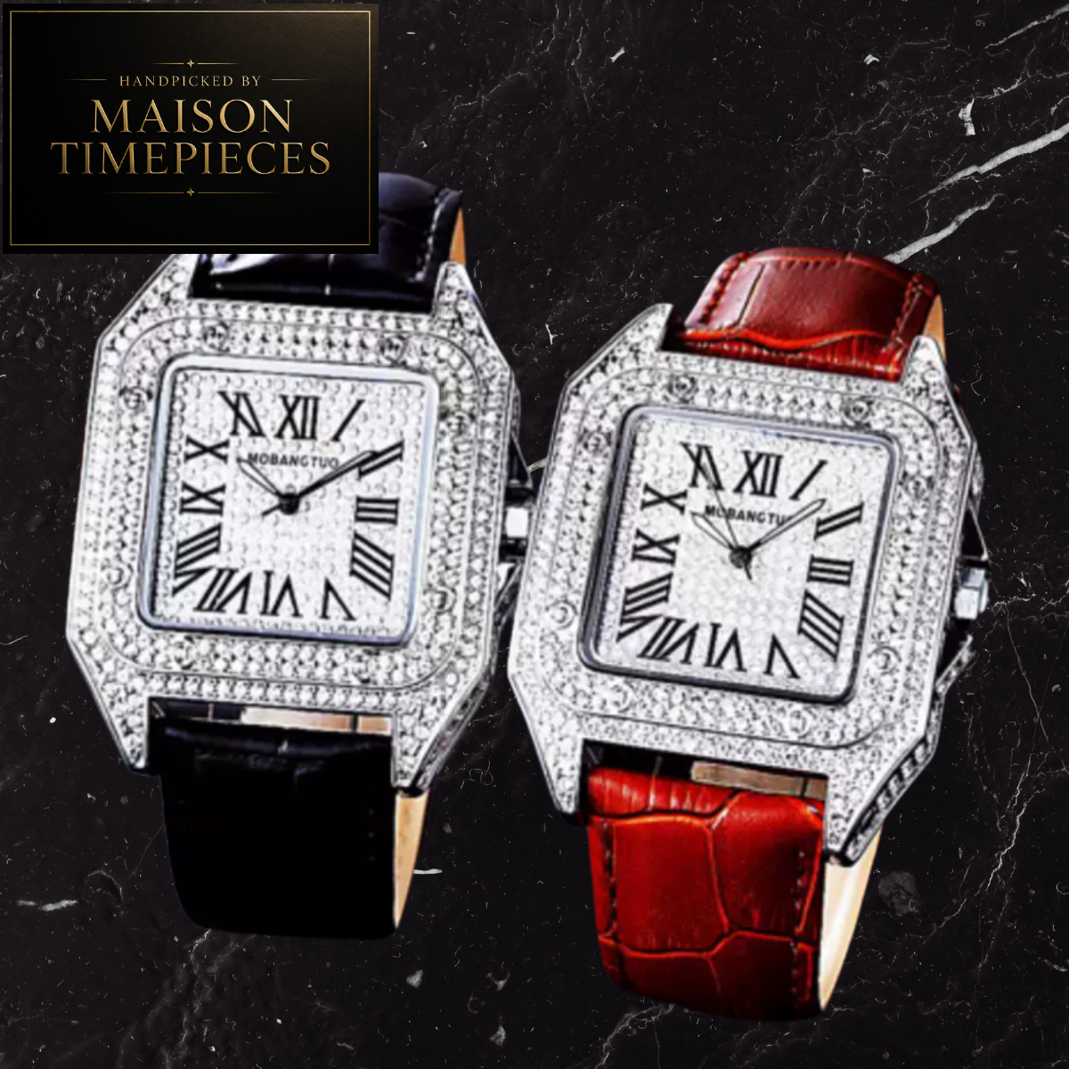 Two Maison Timepieces diamond-encrusted rectangular watches on a dark marble background, one with a black leather strap and one with a red leather strap.