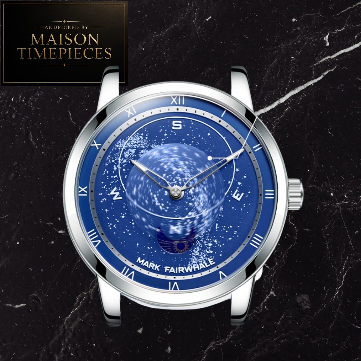 A luxury watch by Mark Fairwhale with a polished silver-tone case and a deep blue dial featuring a celestial globe design. The watch is presented on a black marble background with a 'Handmade by Maison Timepieces' badge in the top-left corner.