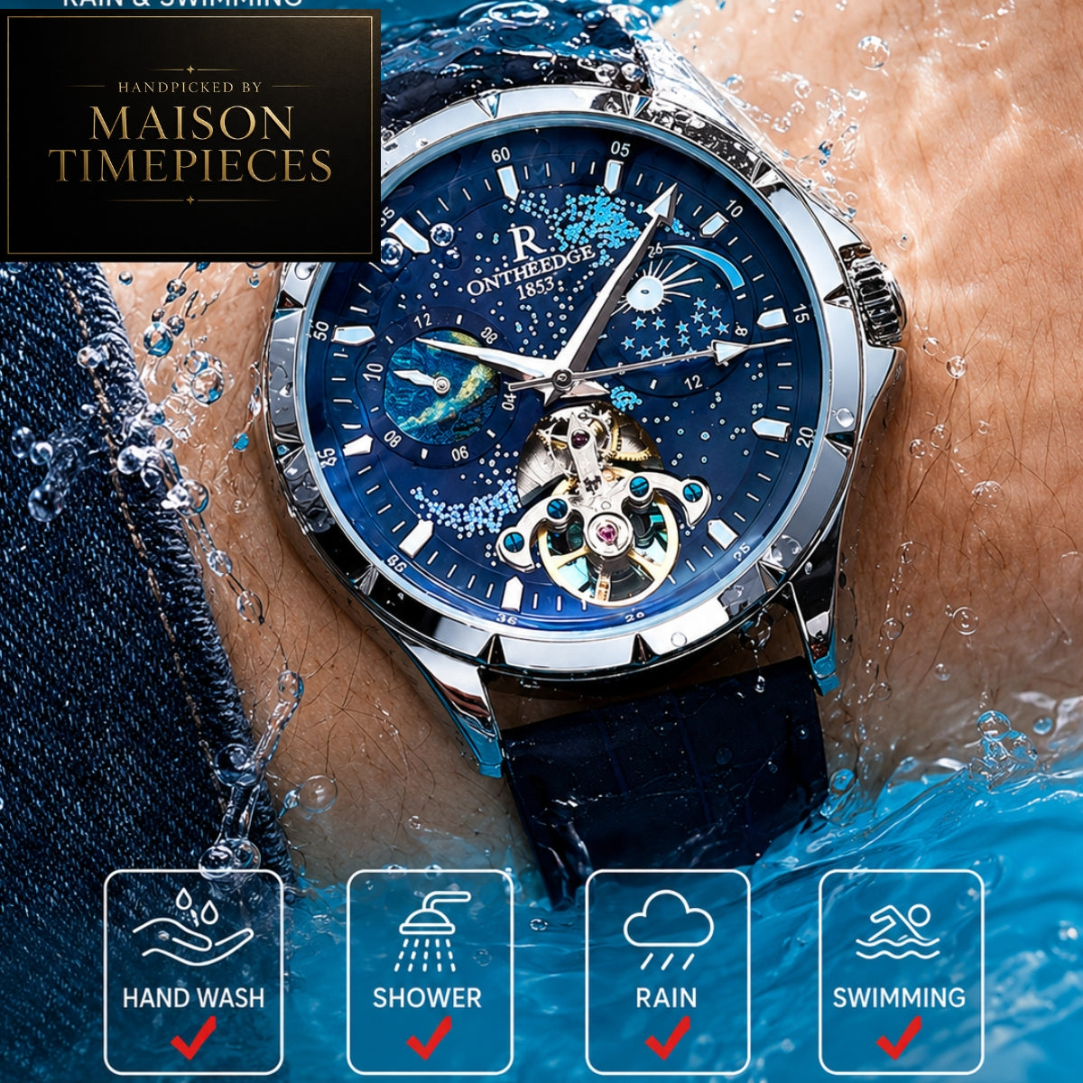 A wristwatch with a blue skeleton dial and silver-tone case, shown worn on a person's wrist with water splashes around it. The watch has moonphase and day/date subdials, a visible mechanical movement through the case, and a dark strap.