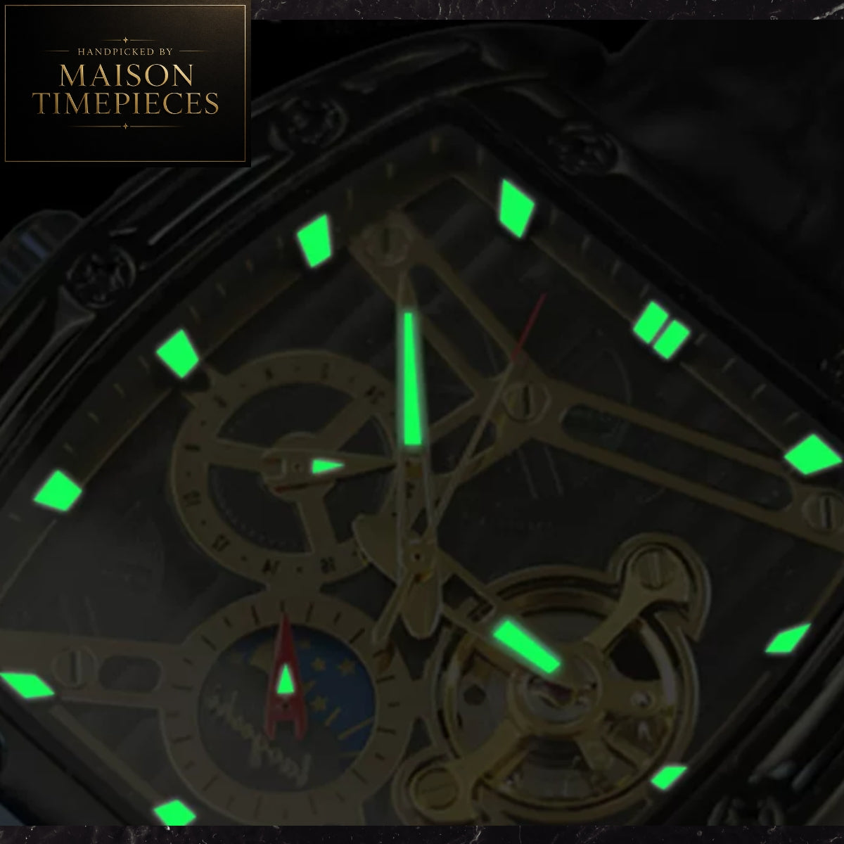 Maison Timepieces Curated Ref. DQ100 - Automatic Skeleton Tonneau Watch 40mm Black Dial Leather Strap