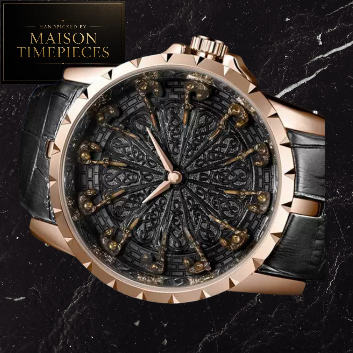 A luxury watch by Maison Timepieces, featuring a rose gold bezel with sharp triangular facets, a black dial with intricate gold-toned mechanical details, and a black leather strap, set against a dark marble background.