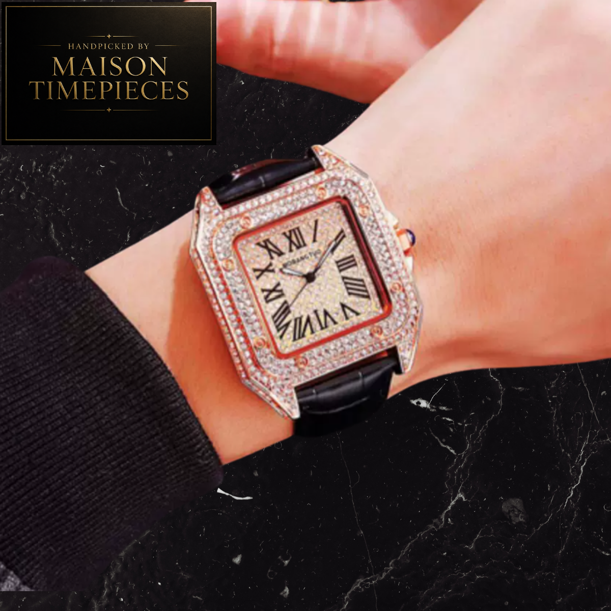 A luxury watch with a diamond-encrusted square bezel, Roman numeral dial, and black leather strap, shown worn on a wrist. A black card with 'MAISON TIMEPIECES' branding is in the top-left corner.