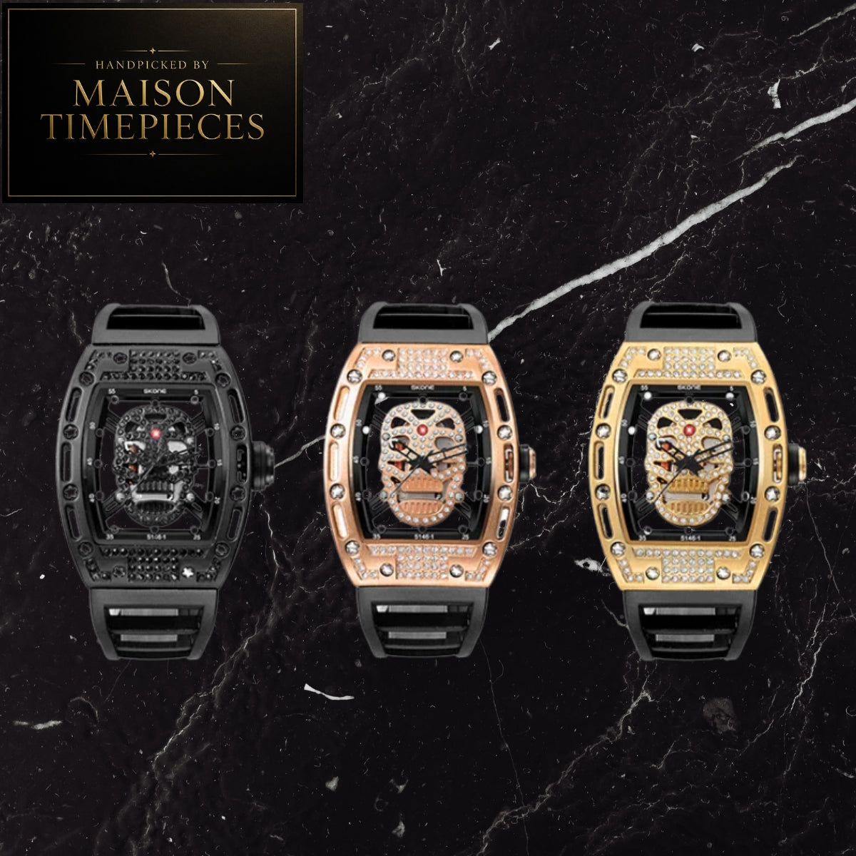 Three luxury skeleton wristwatches displayed side by side on a black marble background, with a Maison Timepieces logo in the top-left corner. The watches feature black, rose gold, and yellow gold cases with detailed skull dial designs.